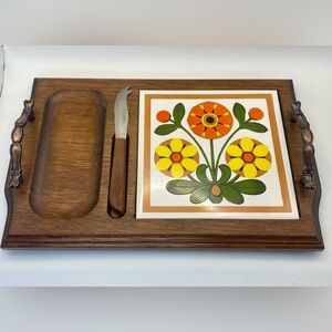 Vintage 60s/70s wooden serving tray w/ ceramic tile and knife